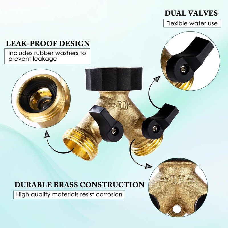 Dalmbox Garden Hose Splitter 2 Way, Y Connector Brass Garden Hose Adapter, Water Hose Splitter, Double Shut Off Valve, Includes 5 Rubber Washers & Teflon Tape(2 pack) - Image 3